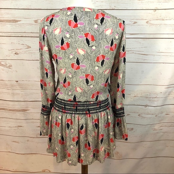 Derek Lam 10 Crosby Abstract Tulip Floral Long Sleeve Smocked Silk Dress - Picture 5 of 10